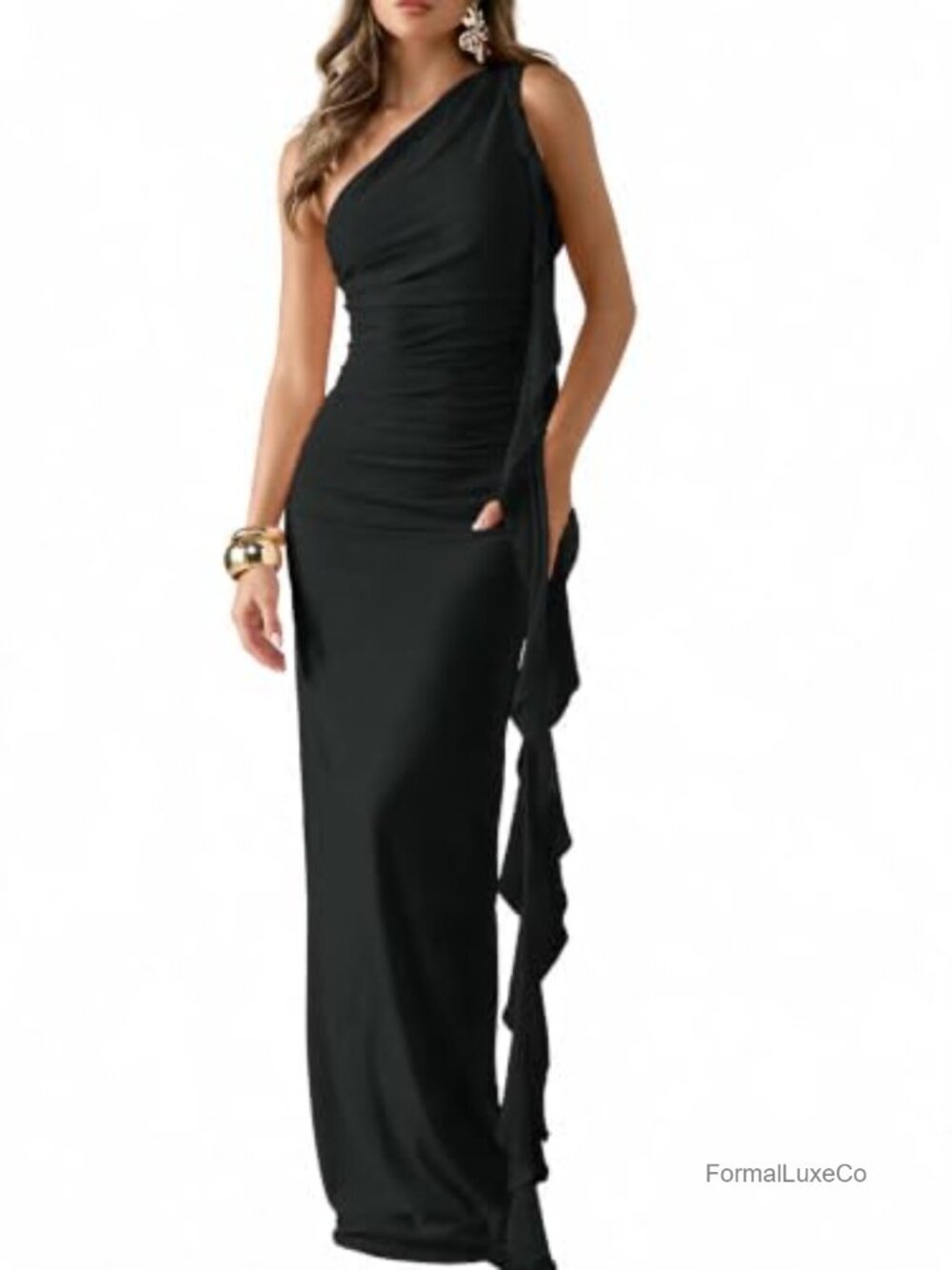 Women's One Shoulder Mesh Maxi Dress Ruched Bodycon Evening Gown